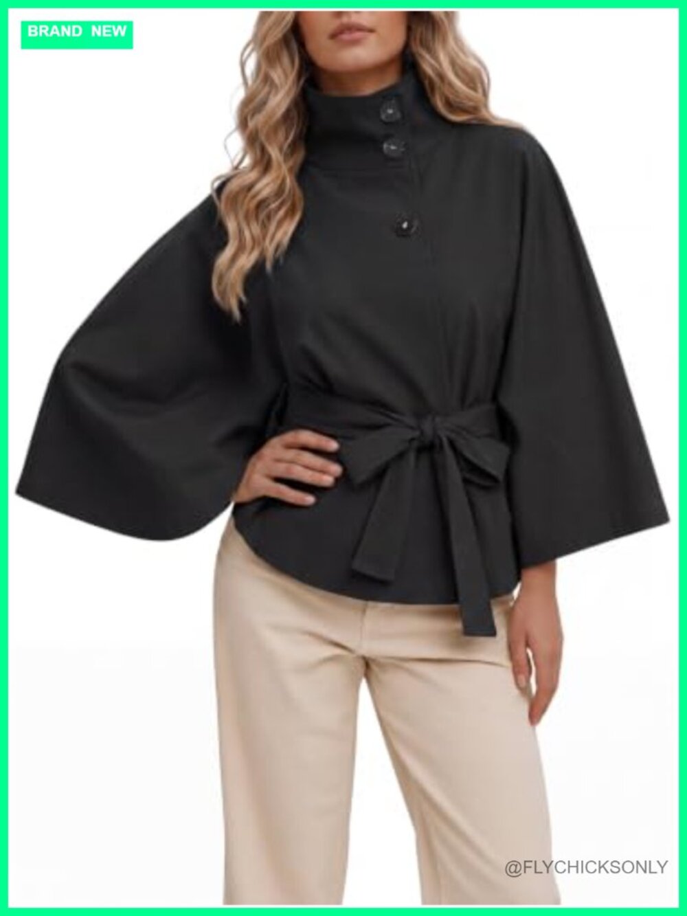 Cropped Trench Coat Cape Sleeve Stand Collar Belted Jacket